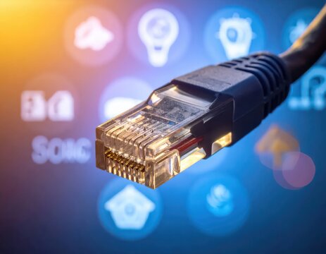 Close-Up of Ethernet Cable Connector Against Background of Technology Icons and Colors