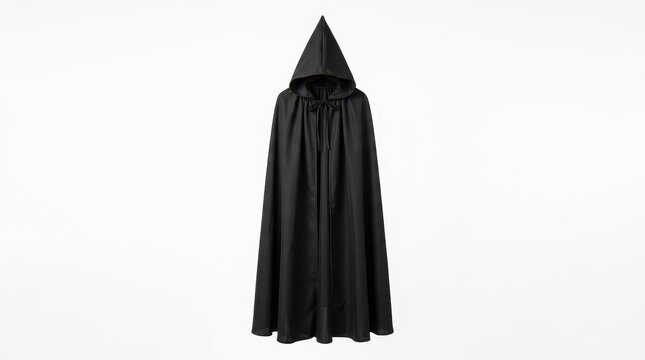 Black Hooded Cloak Isolated on White Background Studio Shot