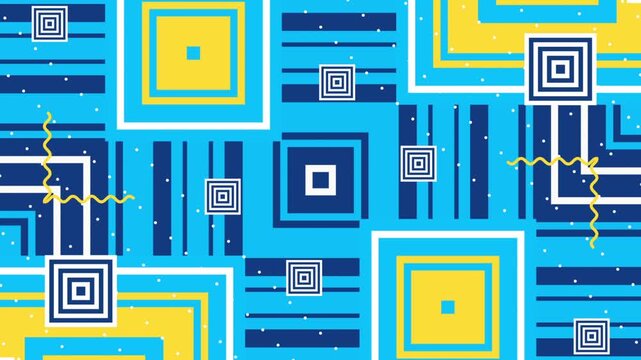 Geometric pattern animation featuring vibrant blue and yellow moving squares