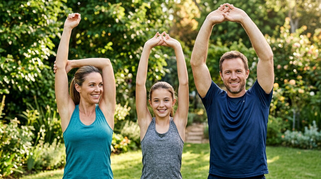 Family stretching outdoors in garden, healthy lifestyle, fitness, outdoor activity