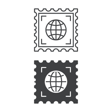 Global postage stamp icon with globe symbol for international mail