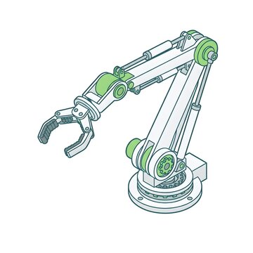 Isometric industrial robotic arm with mechanical claw manipulator