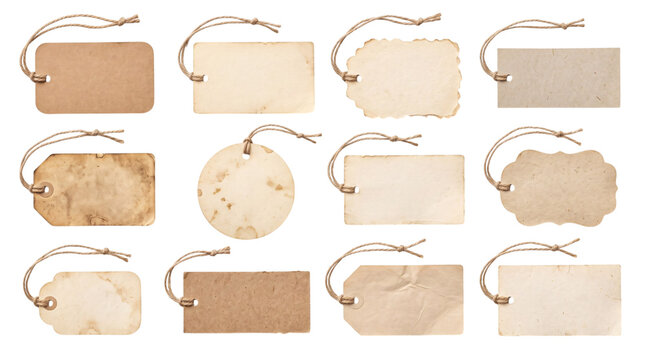 Assortment of vintage paper tags with twine png on isolated transparent background