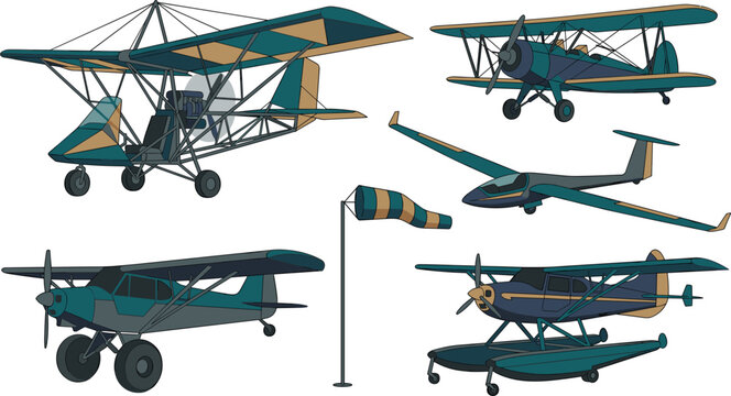 Light Aircraft and Aviation Travel Vector Icon Set with Ultralight Plane Biplane Glider Seaplane Bush Plane and Windsock for Aerodrome Graphic Design Layout Elements