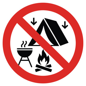 No camping signs, no fire and no BBQ prohibited symbols for parks, outdoor recreation areas, wilderness safety, travel restrictions, and public regulations, vector, designs