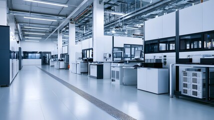 Obraz premium Modern clean room laboratory with white workstations overhead lighting and industrial equipment for precision manufacturing