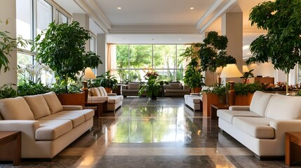Obraz premium A spacious well lit hotel lobby with polished marble floors beige sofas and large potted plants near tall