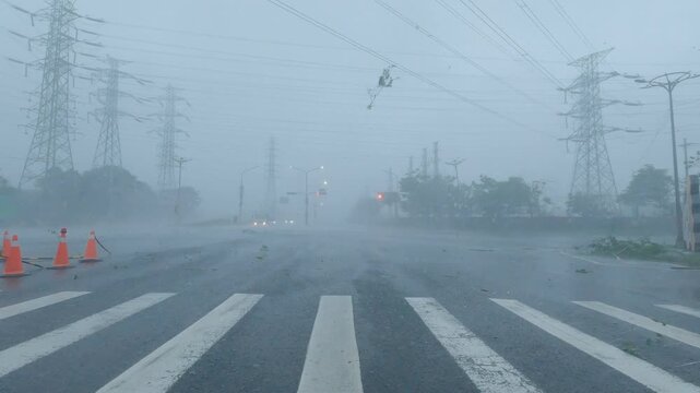 Fierce Hurricane Wind And Flying Debris Sweeps Across Highway