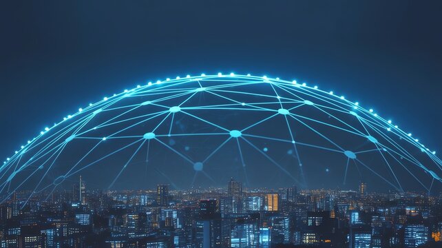Futuristic smart city skyline with glowing blue digital network dome for global connectivity and communication