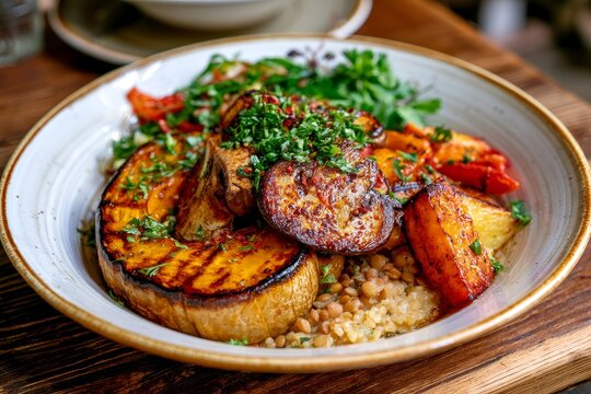 Colorful vegan bowl with roasted vegetables and lentils