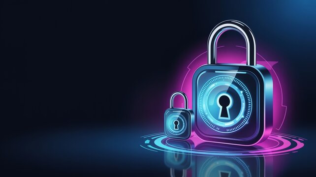 Futuristic cyber security digital padlocks glowing neon blue and pink for online data safety protection