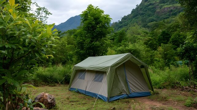 A green camping tent set up in a lush forest clearing with mountains in the background under an overcast sky