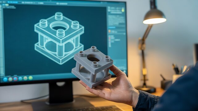 Engineer holding grey 3D printed prototype part with CAD model design on computer screen background