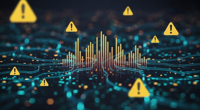 Cybersecurity Alert System with Data Visualization Bars and Yellow Warning Icons for Secure Network Technology