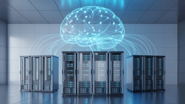 Artificial Intelligence Brain Hologram Connected To Server Racks In Modern Data Center Machine Learning Concept