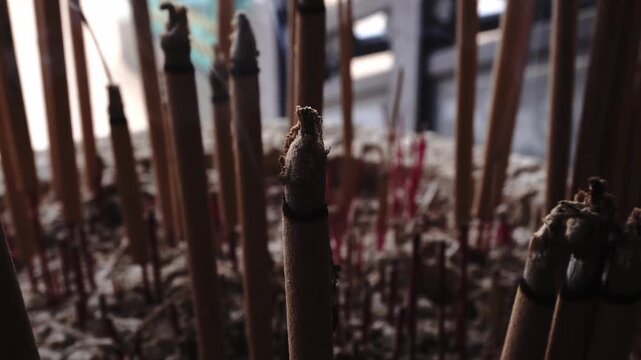 Close-up of burning incense sticks in a receptacle, with ash and smoke visible