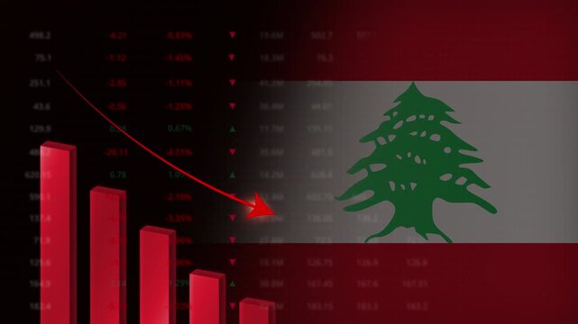 Economic crisis in Lebanon concept background.Red falling graph animation with Lebanese flag.Stock market crash