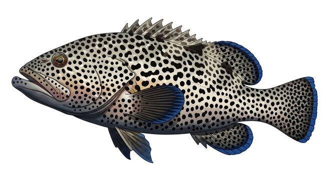 Spotted Grouper Fish isolated on white background with detailed scales and fins for aquatic concept