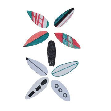 Seven surfboard shaped paper cutouts with diverse hand drawn patterns and colors arranged on a white background, for display isolated on a transparent background