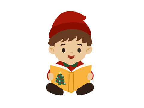 Little Boy Reading a Book Wearing a Christmas Hat