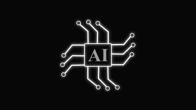  AI processor chip outline icon animation white smooth circuit lines motion on black background . 4K animated chip icon for technology, overlays, and motion graphics.