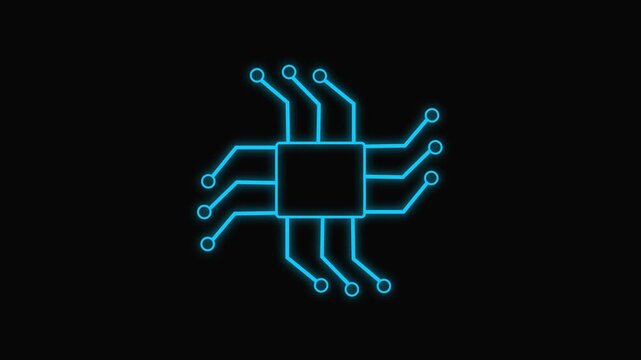  AI processor chip outline icon animation sky blue smooth circuit lines motion on black background . 4K animated chip icon for technology, overlays, and motion graphics.
