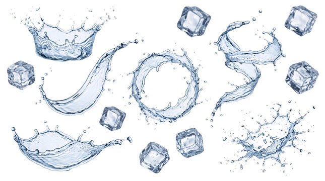 Dynamic water splashes and ice cubes frozen in png on isolated transparent background