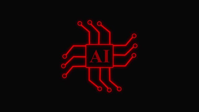  AI processor chip outline icon animation red smooth circuit lines motion on black background . 4K animated chip icon for technology, overlays, and motion graphics.