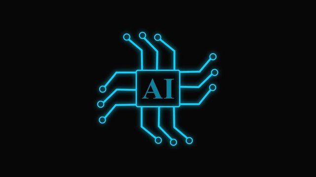  AI processor chip outline icon animation sky blue smooth circuit lines motion on black background . 4K animated chip icon for technology, overlays, and motion graphics.