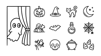 Fototapeta premium Halloween Icons Collection: Ghost, Pumpkin, Bat, Cat, Skull, Moon, Witch Hat, Potion