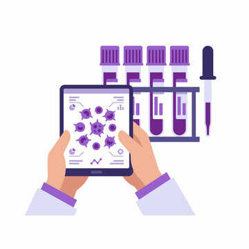 Scientist analyzing virus data on a digital tablet in lab