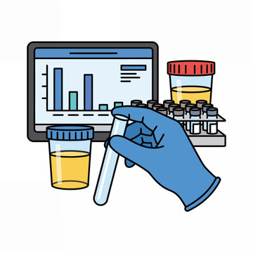 Medical technician analyzing urine samples with digital data