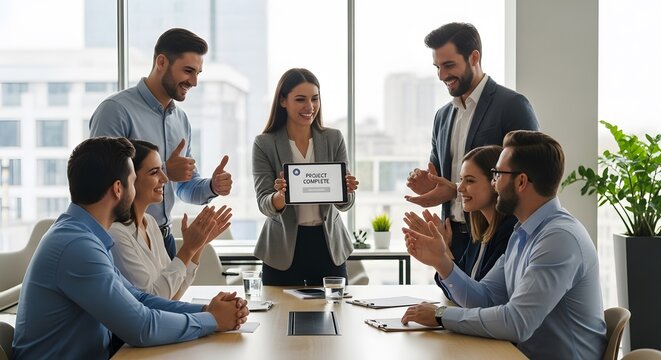 Businesswoman holding tablet showing project complete text while team gives thumbs up and claps in office setting for successful milestone achievement during corporate strategy meeting session