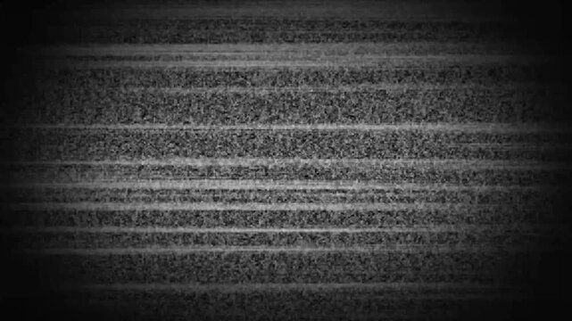 Digital noise on the TV screen, No signal tv screen and texture on black background. A glitch error effect adds visual interest to the abstract animation, VHS video tape rewind icon. 
