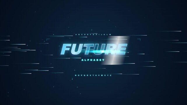 Futuristic digital alphabet motion with glitch effects and speed lines for tech branding and sci-fi interface