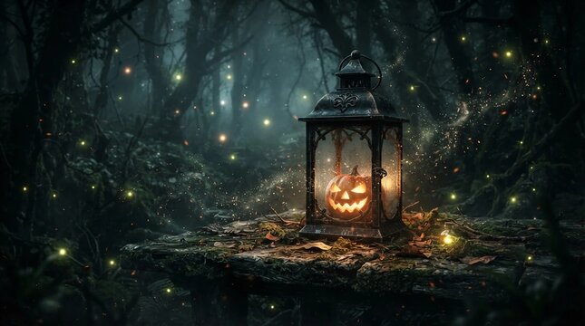 A vintage metal lantern with a glowing carved pumpkin inside, placed on an old wooden table in a dark misty forest, cinematic lighting, dark fantasy style, left copy space, Generative AI