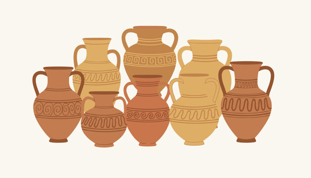Group of various antique ceramic vases and amphorae in earthy tones, displaying diverse shapes and decorative patterns in flat style.