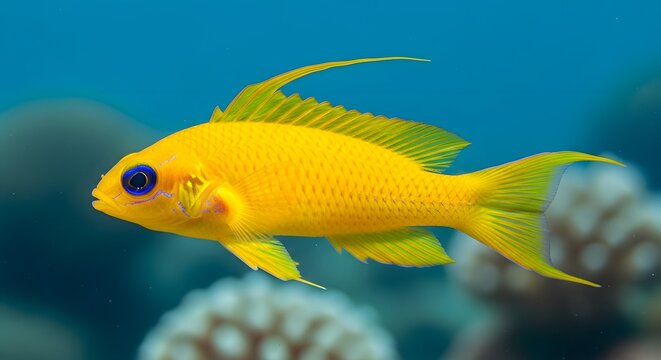 Vibrant yellow fish with blue eyes swimming in clear blue ocean water near coral reef