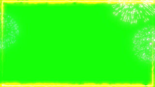 Vibrant green screen with dynamic white fireworks exploding in corners and yellow border