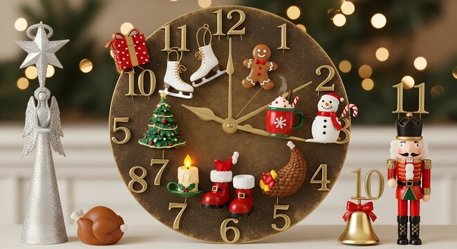Vintage Christmas clock adorned with festive ornaments during a warm bokeh holiday evening