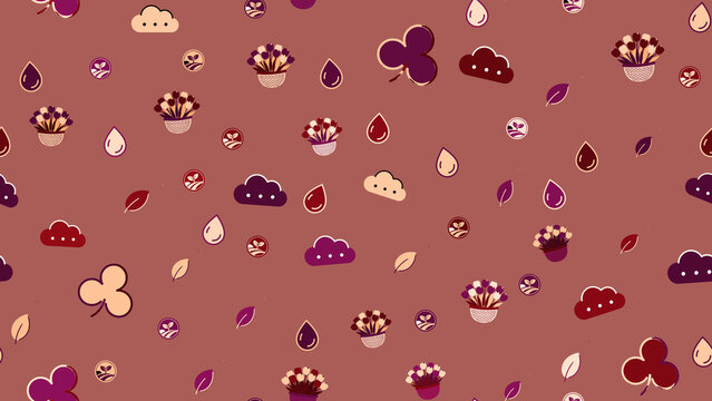 Seamless pattern of clouds, raindrops, leaves, and flowers