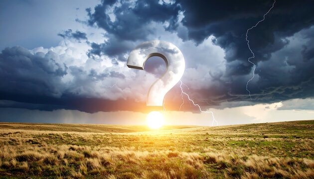 Giant question mark over a landscape during a stormy sunset