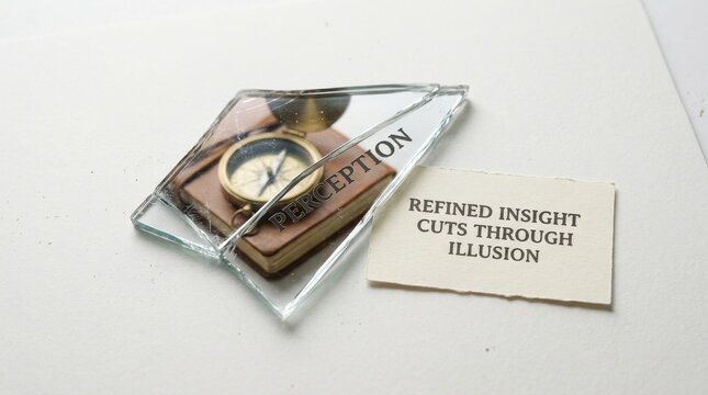 Broken glass reveals compass on book with text about perception