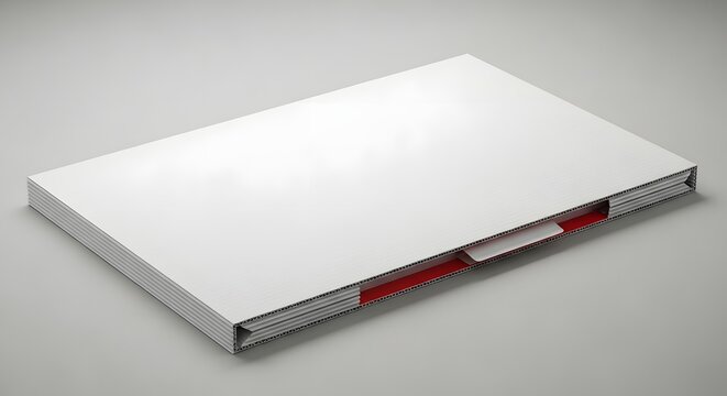 White book or folder with red accent on gray surface with soft studio lighting and ample copy space
