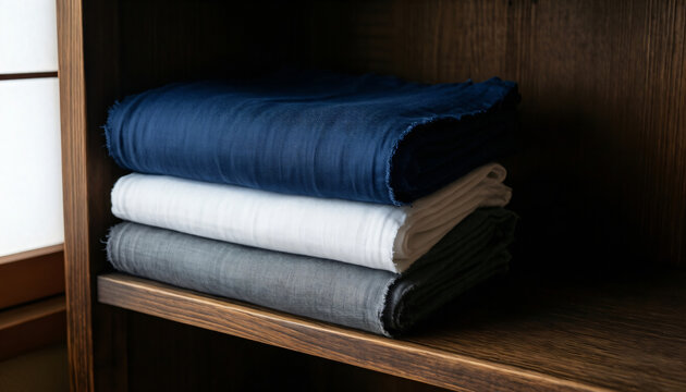 Folded Indigo Tenugui Cotton Towels Stacked on Wooden Shelf