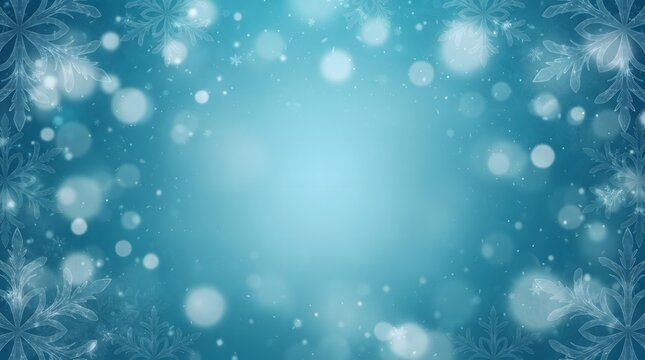 Blue winter abstract background with snowflakes and bokeh
