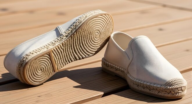 White espadrille shoes resting on a wooden deck with natural sunlight