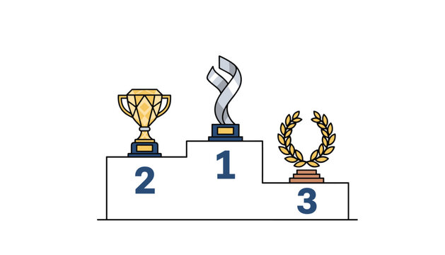 Winners podium showing first second and third place with gold cup and laurel wreath trophy symbols for competition award concepts.