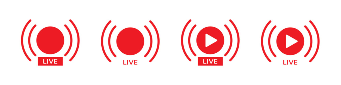 Red Live Stream Signal Wave Icon Set with Record and Play Buttons. Isolated Vector Illustration on White Background