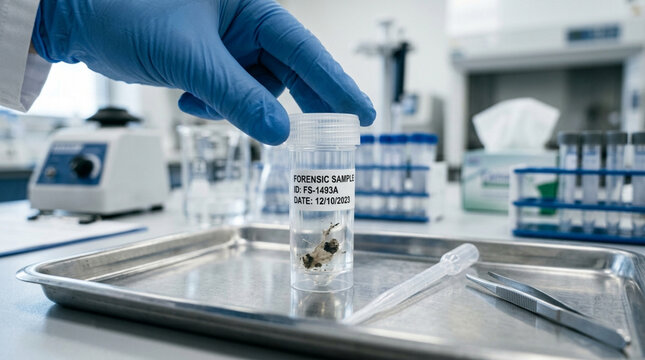 Forensic scientist examining sample in laboratory, evidence collection